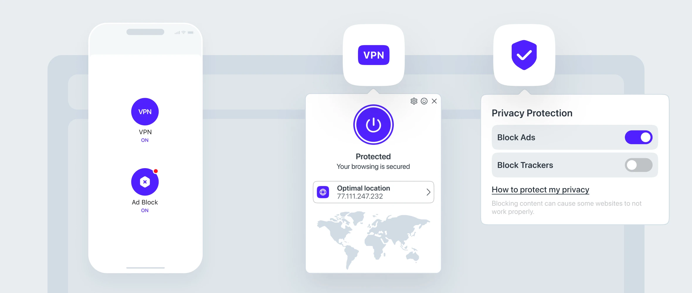 Opera 官方 VPN、广告拦截与隐私功能界面